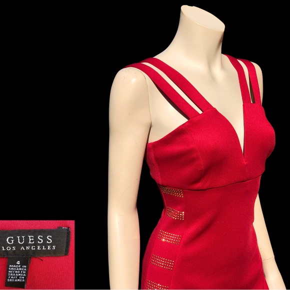 GUESS Deep V Strappy GOLD STUD Body Con Halter Party Dress 4 NWT - Picture 2 of 10